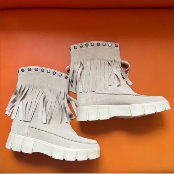 New! GEOX Ghoula Fringe Studded Suede Platform Booties in Taupe - Picture 10 of 13